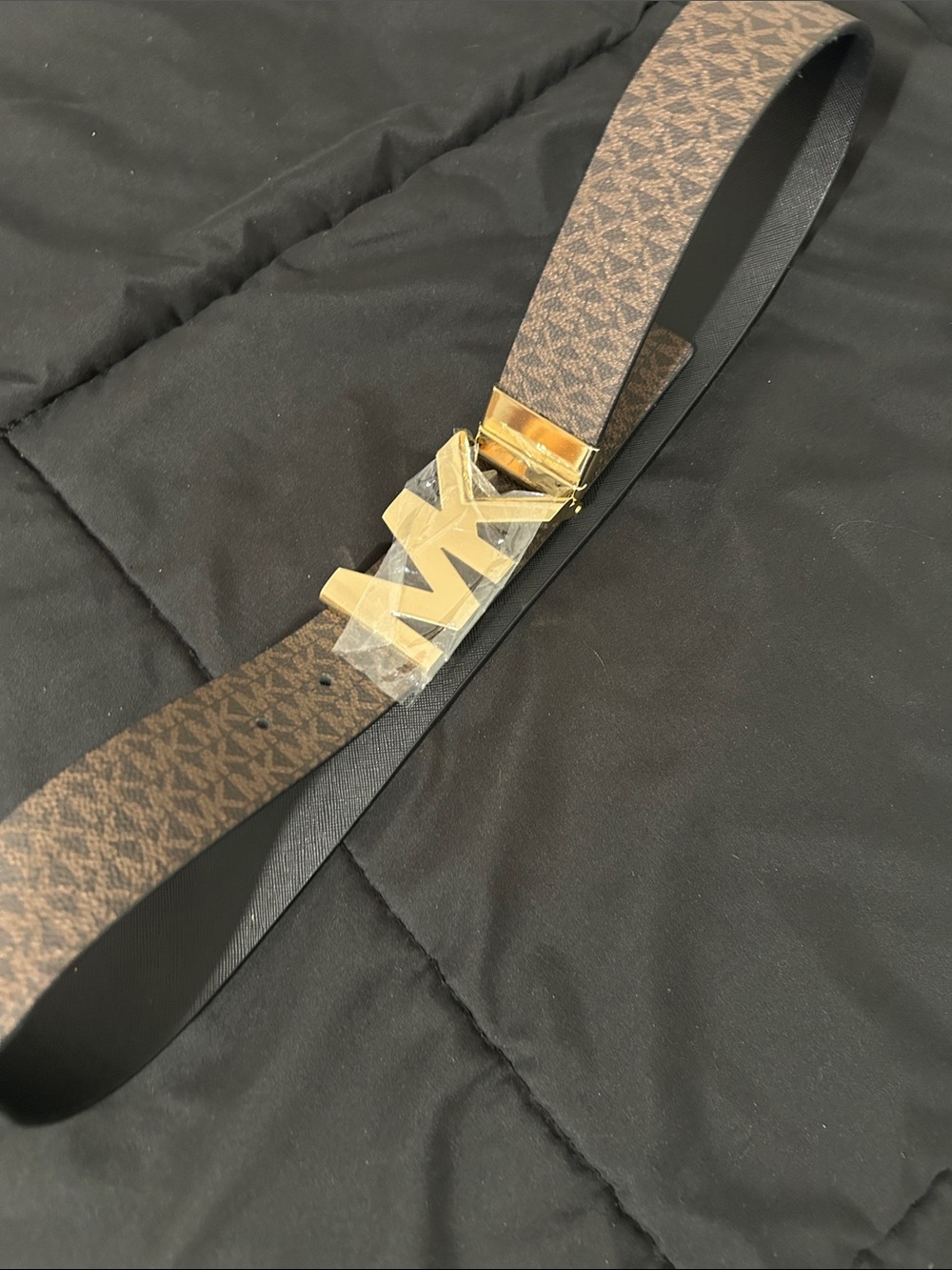 Michael Kors Brown MK Logo Monogram Belt with Gold Buckle